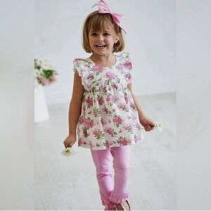 Eleanor Rose Girls Valentines Lacey Floral‎ Top Prism Pink Dot Pants Set Sz 5